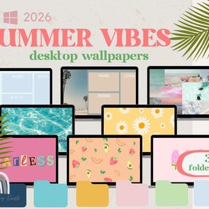May include: A collection of desktop wallpapers with a summer theme, featuring various designs including beach scenes, floral patterns, and fruit illustrations. The text "SUMMER VIBES" is displayed in pink, along with the year 2026 and the words "desktop wallpapers". Includes 35 folder icons.