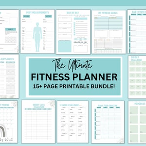 Puede incluir: Un paquete de planificadores de fitness imprimibles con un esquema de color turquesa y blanco. El paquete incluye páginas para realizar un seguimiento de las medidas corporales, la ingesta diaria de alimentos, las metas de fitness y un desafío de 30 días. El texto "The Ultimate Fitness Planner 15+ Page Printable Bundle!" aparece en el centro de la imagen.