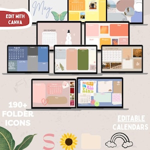 May include: A digital collection of customizable desktop organizers featuring 1000+ options, 190+ folder icons, and editable calendars compatible with Mac and Windows. The display shows various screen layouts with colorful themes, text, and graphics.