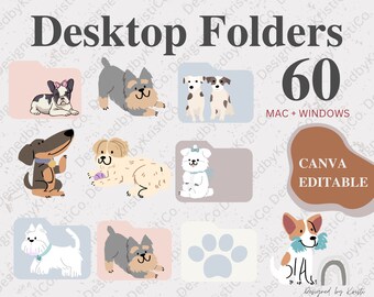 Hund-skrivbordsorganisatör för Mac och Windows | 60 hundmappikoner + estetisk bakgrund | Minimalistiska laptopikoner | Direktnedladdning