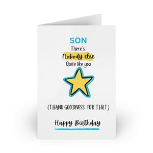 Tarjeta divertida de cumpleaños para tu hijo: "¡No hay nadie como tú, gracias a Dios!". ¡Feliz cumpleaños, tarjeta de broma!