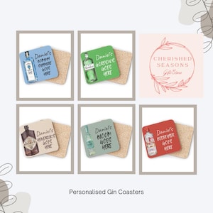 Custom Gin Brand Coasters - Personalized Drink Coasters for Gin Lovers, Home Bar Decor, Bombay Sapphire, Gordon&#39;s Gin, Bloom Gin, Beefeater