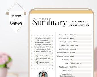 Real Estate Offer Summary Template: Realtor Marketing (canva, Digital ...