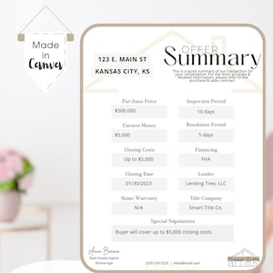 Resumen de oferta para bienes raíces / Marketing para agentes inmobiliarios / Plantilla Canva / Rellenable, editable, textable, imprimible / Descarga digital