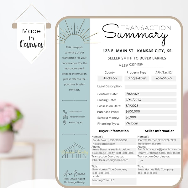Transaction Summary Template Etsy