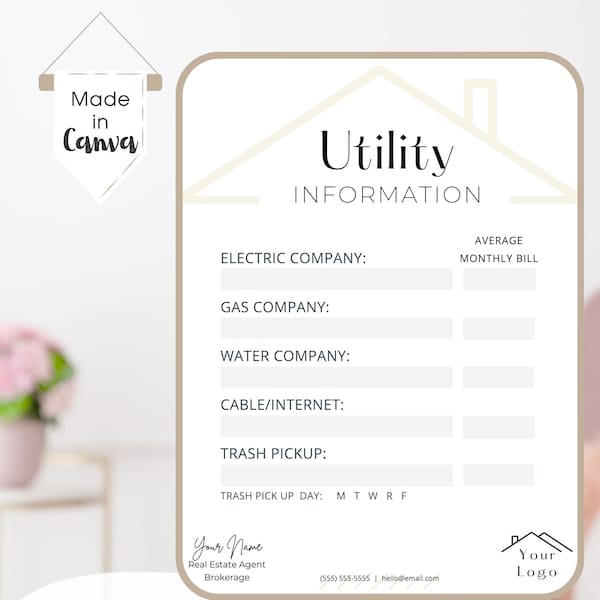 Utility Information for Real Estate | Marketing for Realtors | Canva Template | Fillable, Editable, Textable, Printable | Digital Download