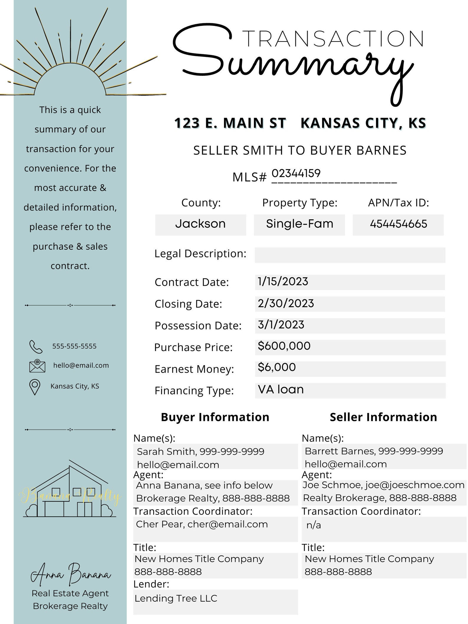 Real Estate Transaction Summary Template: Realtor Marketing (canva ...