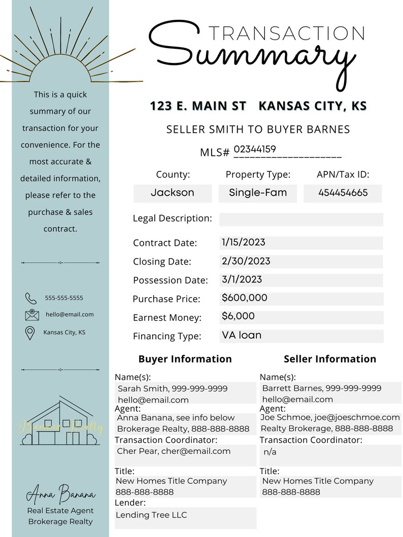 Real Estate Transaction Summary Template: Realtor Marketing (canva ...