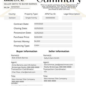 Real Estate Transaction Summary Template: Realtor Marketing (digital ...