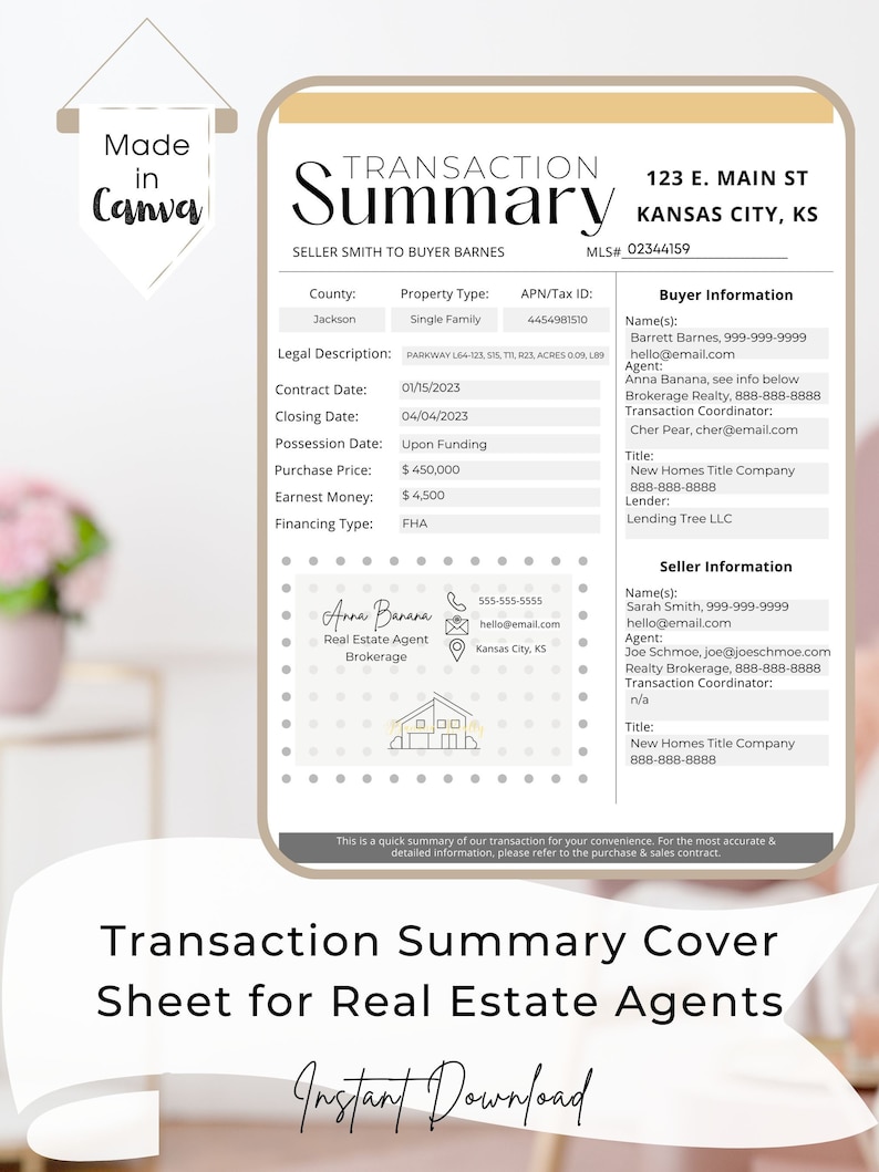 Real Estate Transaction Summary Template: Realtor Marketing (canva ...
