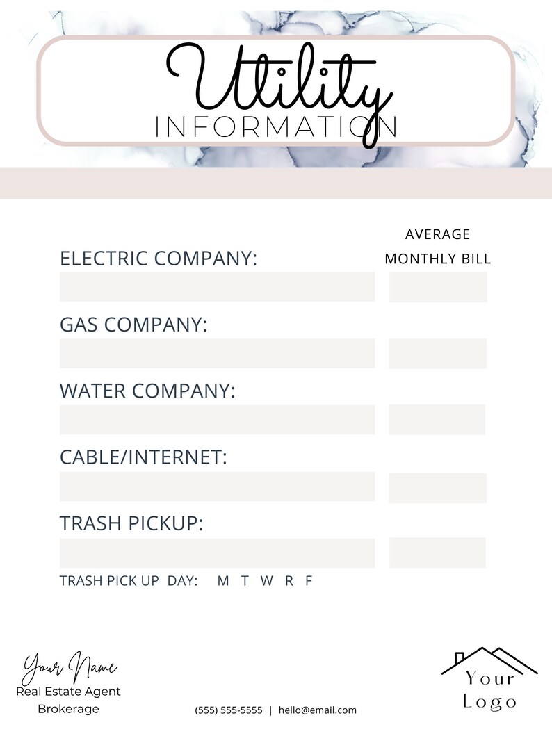 Utility Info Sheet for Real Estate Marketing for Realtors Canva