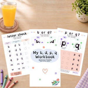 Peut inclure: Un cahier d'exercices intitulé My b, d, p, q Workbook South African Addition avec des exercices de traçage et de correspondance de lettres. Les pages présentent des cercles pastel, un cœur et une carte de l'Afrique du Sud.