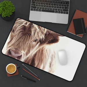 Large Desk Mat, Computer Keyboard Office Accessories, Desk Decor, Mouse Pad Long Haired Cow, Brown Cow Gamer Mousepad, Brown white design