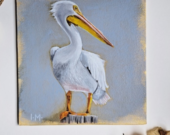 American Pelican oil painting golden background