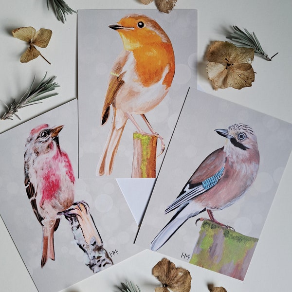 Cartes oiseaux rouge-gorge geai linotte peinture