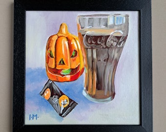 Peinture à l'huile citrouille et cola beaux-arts originaux nature morte contemporaine