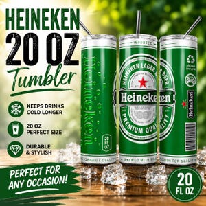 May include: Three cylindrical 20 oz stainless steel tumblers featuring a green Heineken beer label design with a red star, white text, and a silver straw in each. The tumblers display the Heineken logo, a barcode, and recycling icons.