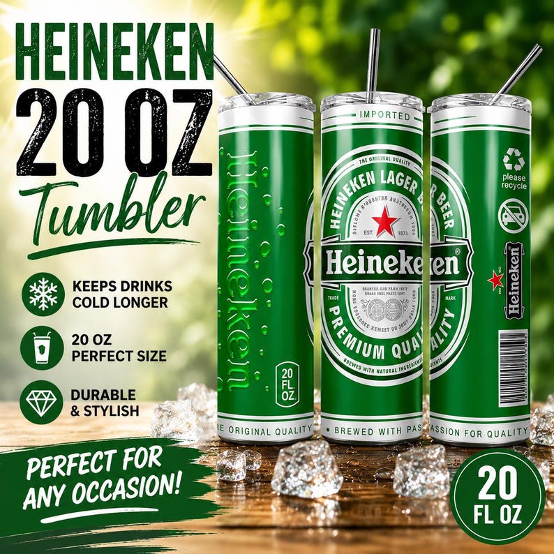 May include: Three cylindrical 20 oz stainless steel tumblers featuring a green Heineken beer label design with a red star, white text, and a silver straw in each. The tumblers display the Heineken logo, a barcode, and recycling icons.