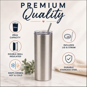 May include: A silver stainless steel tumbler with a clear lid and metal straw. Text reads Premium Quality, 20oz Capacity, Includes Lid & Straw, Double-Wall Insulated, Keeps Drinks Hot & Cold, and Durable Stainless Steel with corresponding icons.