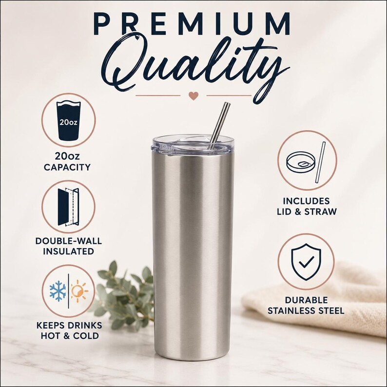 May include: A silver stainless steel tumbler with a clear lid and metal straw. Text reads Premium Quality, 20oz Capacity, Includes Lid & Straw, Double-Wall Insulated, Keeps Drinks Hot & Cold, and Durable Stainless Steel with corresponding icons.