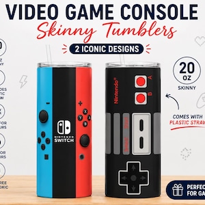 May include: Two 20 oz skinny tumblers with clear plastic straws. The left tumbler features a red and blue Nintendo Switch controller design. The right tumbler features a black, grey, and red Nintendo NES controller design with buttons and text.