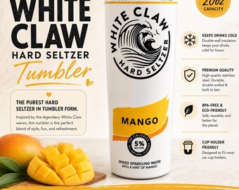 Bicchiere termico White Claw Mango da 20 oz, regalo per la festa del papà, bicchiere sottile in acciaio inossidabile, tazza termica da viaggio, bicchiere ispirato a White Claw