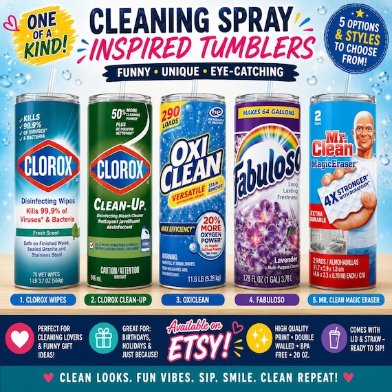 Cleaning Product Inspired 20oz Skinny Tumbler | Choose Clorox, OxiClean, Fabuloso or Mr. Clean Design | Funny Novelty Tumbler