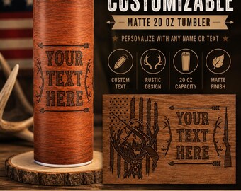 Personalized Hunting Tumbler, Custom Hunter Gift, Wood Grain Tumbler, Gift For Dad, Deer Hunting Cup, Rustic Outdoor Tumbler, Matte 20oz