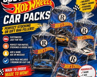Bomboniera personalizzata ispirata alle Hot Wheels / Confezione regalo personalizzata con macchinine / Regalo per sacchetti regalo di compleanno / Pensierino per la calza di Natale / Biglietto di auguri personalizzato con auto