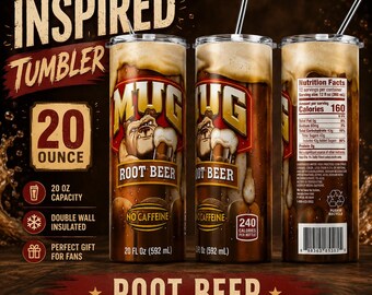 Root Beer Inspired 20oz Skinny Tumbler | Retro Soda Cup | Stainless Steel Travel Mug | Funny Drink Lover Gift | Vintage Soft Drink Aesthetic
