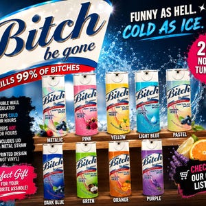 May include: A collection of ten 20oz double-wall insulated tumblers in various colors including metallic, pink, yellow, light blue, pastel, dark blue, green, orange, and purple. Each tumbler features the text Bitch be gone and Don't play with hoes.