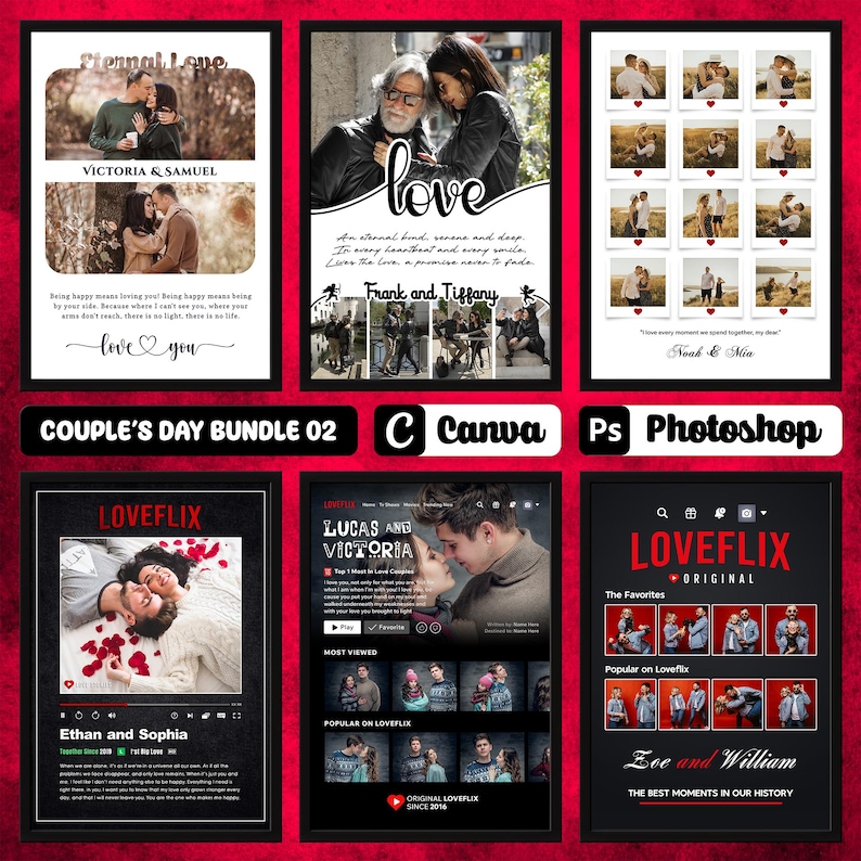 Editable Photo Frame Collage for Canva and Photoshop - Couples Day Bundle 02, Editable Templates, Frame Mockup, Moodboard, Chalkboard image 1