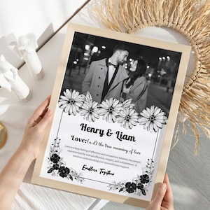 May include: A black and white photograph of a couple standing in front of a city street at night. The photo is framed with a white border and black floral designs. The text "Henry & Liam" and "Love: (n.d) the true meaning of love" is printed below the photo. The text "Endless Together" is printed below the definition of love.