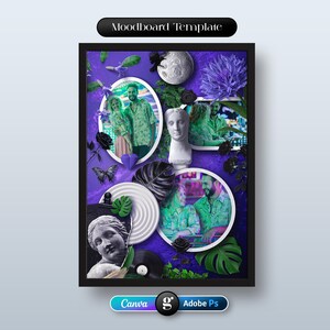 Puede incluir: Un marco de plantilla de moodboard con un fondo púrpura. El diseño incluye marcos de fotos circulares, bustos clásicos y elementos decorativos como mariposas y hojas. El texto "Moodboard Template" está en la parte superior. Los logotipos de Canva y Adobe Ps están en la parte inferior.