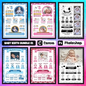 Colagem de molduras para fotos editáveis para Canva e Photoshop - Pacote de nascimento de bebê 01, modelos editáveis, quadro branco, quadro de inspiração, mockup de moldura