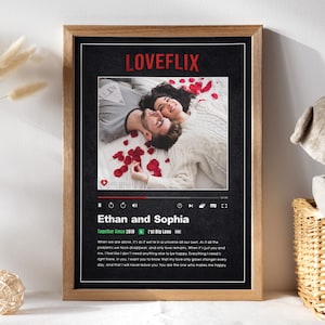 May include: A framed print with a black background and a red "LOVEFLIX" logo. The print features a photo of a couple lying on a bed of rose petals. The text below the photo reads "Ethan and Sophia" and includes a quote about their love.