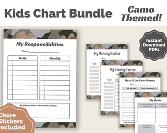 Paquete de gráficos para niños: listas de verificación con temática de camuflaje/imprimibles que incluyen gráficos de tareas, rutina diaria y hoja de trabajo para establecer objetivos