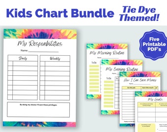 Paquete de gráficos para niños: listas de verificación imprimibles/con temática Tie Dye que incluyen gráficos de tareas, rutina diaria y hoja de trabajo para establecer objetivos