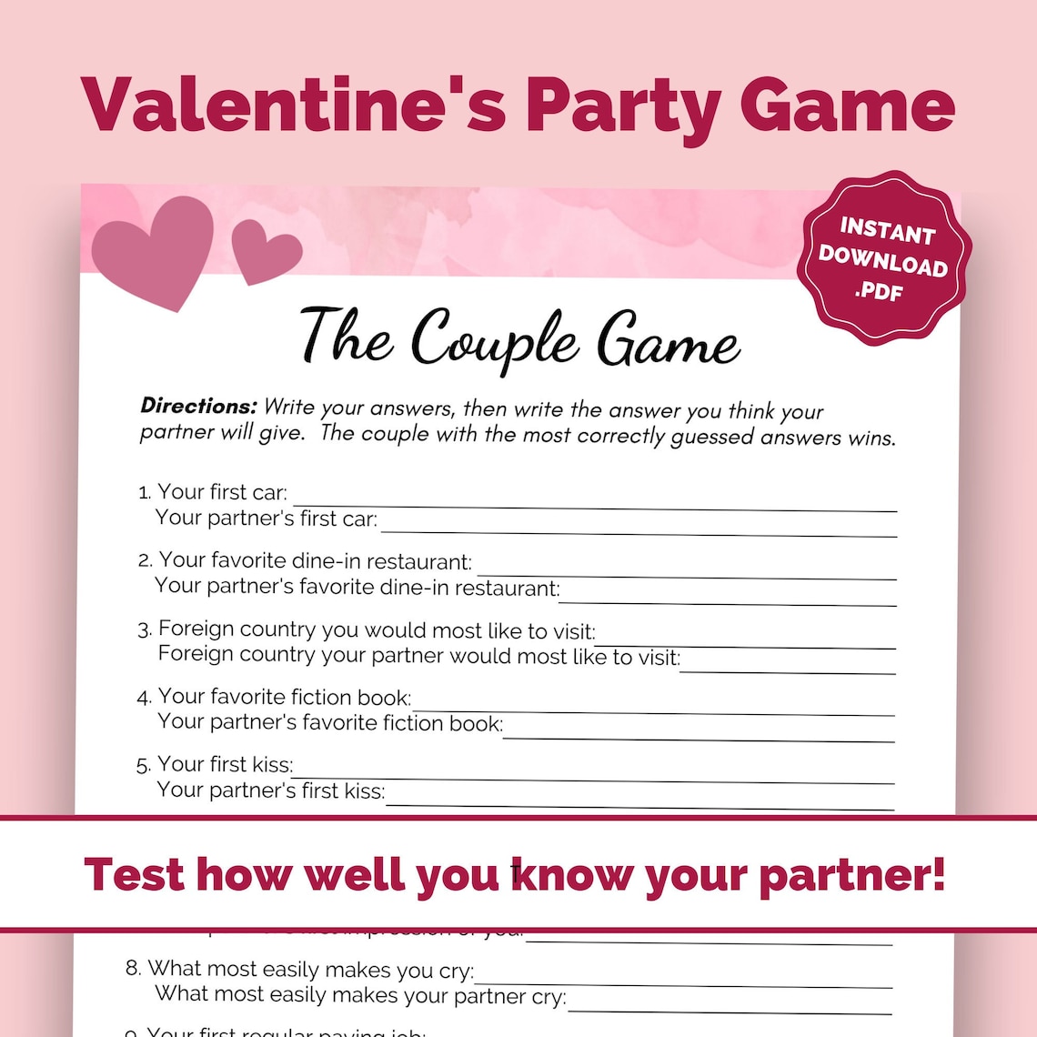 Valentine's Day Game | Printable Newlywed Game | Party Game for Adult ...