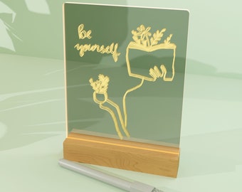 LED Schreibtafel aus Acryl und Holz – Personalisierbare Deko mit LED Beleuchtung, Kreative Notiztafel für Zuhause und Büro