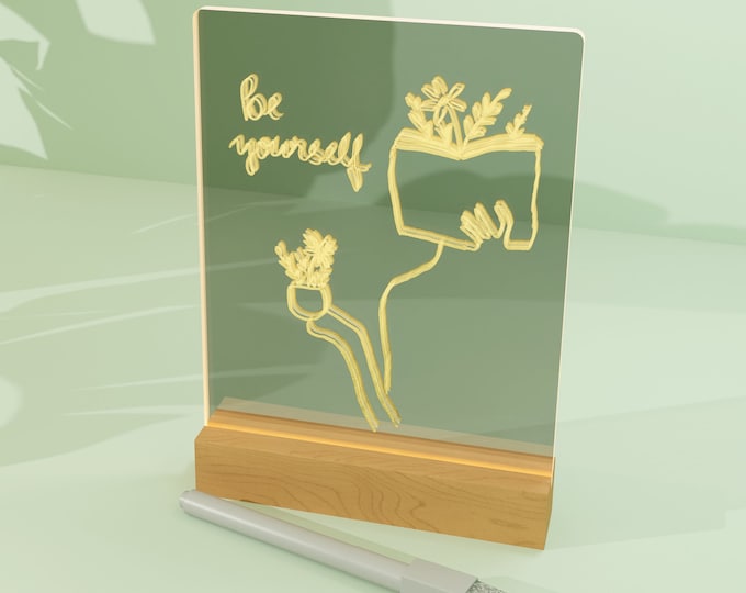 LED Schreibtafel aus Acryl und Holz – Personalisierbare Deko mit LED Beleuchtung, Kreative Notiztafel für Zuhause und Büro