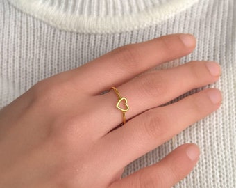 1mm Thin Heart Shape Wedding Band - Minimalist Wedding Ring for Women -  Dainty Simple Plain 1mm Ring - Thin Stacking Ring for Her - Gift