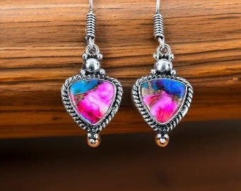 Roze Turquoise Oorbellen 925 Sterling Zilveren Oorbellen Handgemaakte zilveren sieraden, edelsteen oorbellen, boho zilveren oorbellen, cadeau voor haar