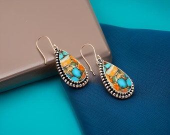 Boucles d'oreilles turquoise huître épineuse Boucles d'oreilles en argent sterling 925 Bijoux en argent faits main, boucles d'oreilles en pierres précieuses, boucles d'oreilles boho en argent, cadeau pour elle