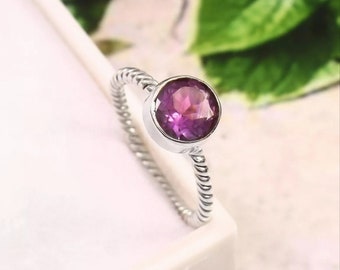 Amethyst Solitaire Ring , 925 Sterling Silver Ring For Her , Minimalist Silver Ring , Twisted Silver Band Ring , Dainty Ring Stacking Ring