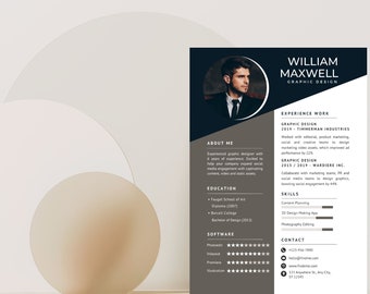May include: A black and gray resume template with a headshot of a man. The resume includes the name William Maxwell, Graphic Design, and lists experience, skills, software, and contact information.