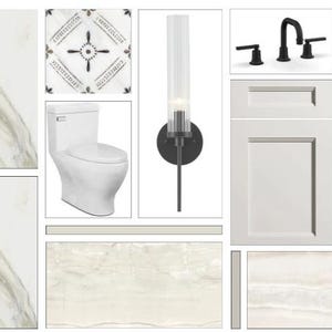 Puede incluir: Una colección de accesorios y elementos de diseño para baños. Incluye un cabezal de ducha negro, grifo y herrajes para puertas, un inodoro blanco y una puerta de armario blanca. También se muestran azulejos, una lámpara y un suelo con aspecto de madera.