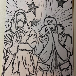 May include: A black and white linocut print on paper featuring the text SUICIDE BOYS at the top. The illustration depicts two figures, one with a hand gesture and one covering their face with both hands, surrounded by three stars and radiating lines.
