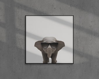 Cool elephant with sunglasses baby animal, printable, safari nursery images, kids wall art digital download forest animals farm