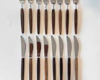 Danish mid century modern design 16 pieces of flatware by Tias Eckhoff for Lundtofte with teak wood handles - set for six